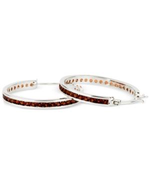Garnet Accent Hoop Earrings In Sterling Silver