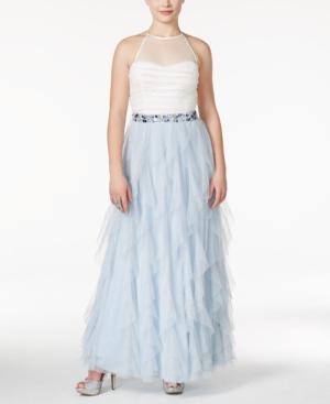 Teeze Me Juniors' Glittered Colorblocked Ruffled Gown