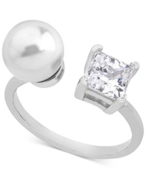 Majorica Sterling Silver Square Cubic Zirconia & Imitation Pearl Open Ring