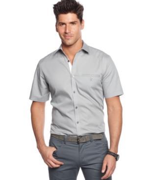 Alfani Red Slim Fit Short Sleeve Ottowa Horizontal Stripe Shirt