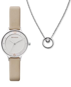 Skagen Women's Anita Oatmeal Leather Strap Watch 30mm & Elin Necklace Gift Set