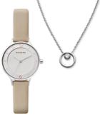 Skagen Women's Anita Oatmeal Leather Strap Watch 30mm & Elin Necklace Gift Set
