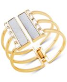 Guess Gold-tone Crystal & White Faux Leather Hinged Cuff Bracelet
