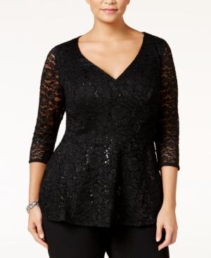 Alex Evenings Plus Size Sequined Lace Peplum Blouse