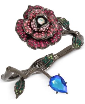 Betsey Johnson Hematite-tone Pave Rose And Blue Stone Vine Hinged Cuff Bracelet
