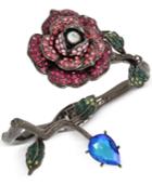 Betsey Johnson Hematite-tone Pave Rose And Blue Stone Vine Hinged Cuff Bracelet