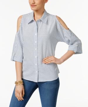 Style & Co Cotton Striped Cold-shoulder Shirt, Only At Macy's