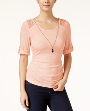 Bcx Juniors' Lace-trim Roll-tab Top With Necklace