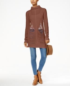 Planet Gold Juniors' Ripped Turtleneck Tunic Sweater