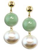 14k Gold Earrings, Cultured Freshwater Pearl And Jade