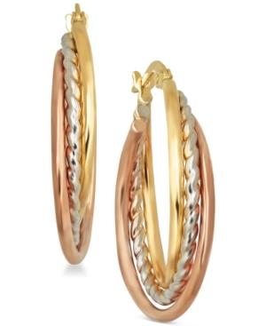 Tri-color Triple Hoop Earrings In Italian 14k Gold And White And Rose Rhodium-plate