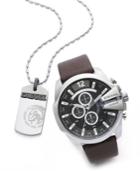 Diesel Men's Chronograph Mega Chief Dark Brown Leather Strap Watch Set 51mm Dz4370