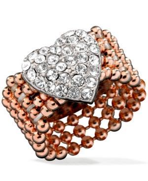 Guess Rose Gold-tone Bead And Silver-tone Pave Heart Stretch Ring