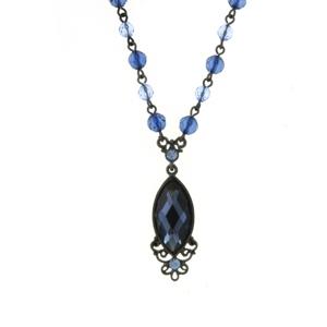 2028 Black-tone Blue Navette Necklace 16 Adjustable