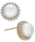 Cultured Freshwater Button Pearl (8-1/2mm) & Diamond (3/8 Ct. T.w.) Stud Earrings In 14k Gold