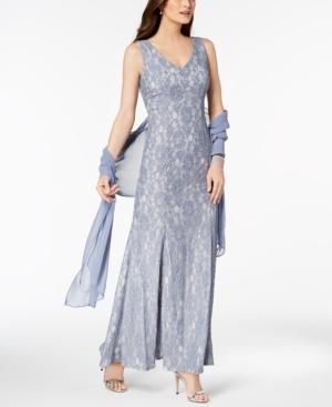 Alex Evenings V-neck Glitter Lace Gown With Shawl