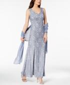 Alex Evenings V-neck Glitter Lace Gown With Shawl