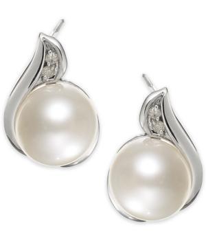14k White Gold Cultured Freshwater Pearl (8mm) And Diamond Accent Earrings