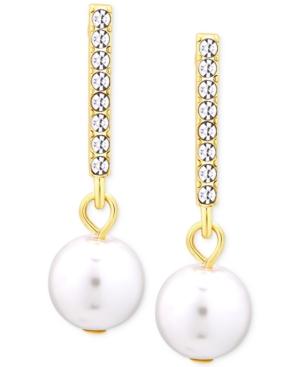 T Tahari Gold-tone Crystal Bar Faux Pearl Drop Earrings