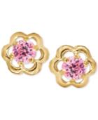 Children's Pink Cubic Zirconia Flower Screwback Stud Earrings In 14k Gold