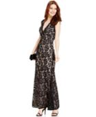 Betsy & Adam Cap-sleeve Lace Illusion Gown