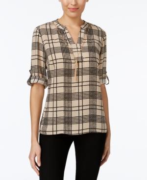 Ny Collection Petite Printed Henley Top With Necklace