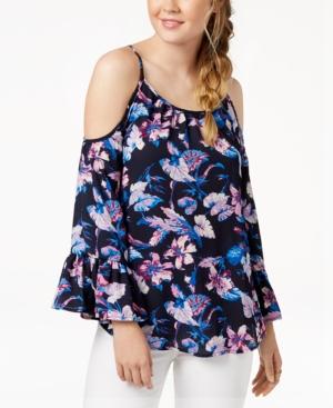 7 Sisters Juniors' Printed Bell-sleeved Cold-shoulder Blouse
