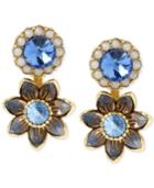 Betsey Johnson Gold-tone Blue Crystal Floral Front And Back Earrings