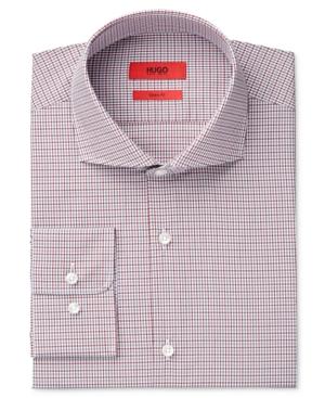 Hugo Boss Men's Fitted Dark Red Plaid Dress Shirt
