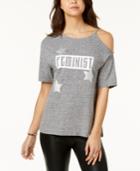Pretty Rebellious Juniors' Feminist Glitter Cold-shoulder Graphic T-shirt