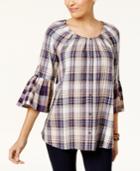 Style & Co Cotton Bell-sleeve Plaid Top, Created For Macy's