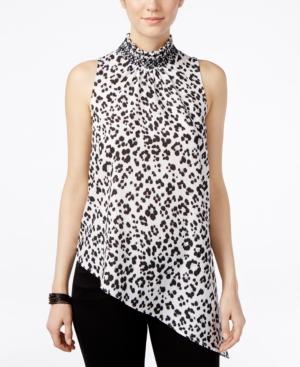 Xoxo Juniors' Printed Asymmetrical-hem Mock Neck Top