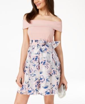 B Darlin Juniors' Off-the-shoulder Printed-skirt Fit & Flare Dress