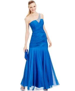 Joanna Chen Beaded One-shoulder Ruched Gown