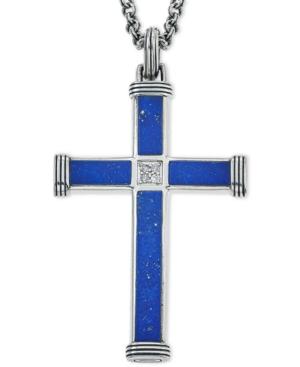 Esquire Men's Jewelry Lapis Lazuli (22-7/8 X 3-3/4mm & 9-1/2 X 3-3/4mm) And Diamond Accent Cross Pendant Necklace In Sterling Silver, Only At Macy's