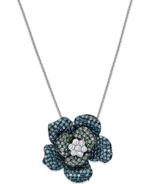 Blue And Green Diamond Flower Pendant Necklace In 14k White Gold (1 Ct. T.w.)