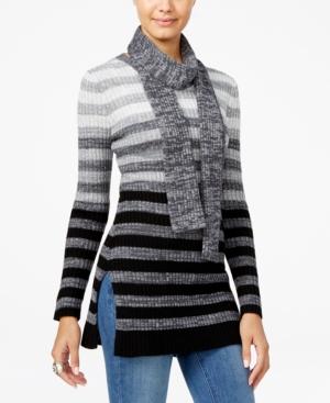 Hooked Up By Iot Juniors' Ombre-striped Tunic Sweater With Scarf