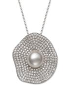 Belle De Mer Cultured Freshwater Pearl (9mm) & Cubic Zirconia 18 Pendant Necklace In Sterling Silver