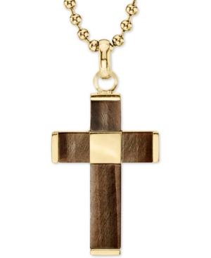 Men's Tiger's Eye Beaded Cross 22 Pendant Necklace In Gold Tone Ion-plated Stainless Steel