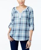 Style & Co Petite Cotton Plaid Peasant Top, Only At Macy's