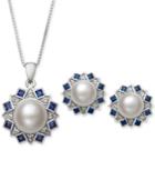 2-pc. Set Cultured Freshwater Pearl (7,mm, 9mm) And Cubic Zironcia Pendant Necklace And Stud Earrings Set In Sterling Silver