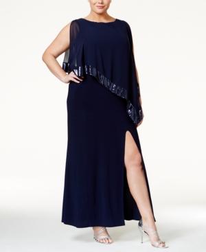 R & M Richards Plus Size Sequined Cape Gown