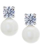 Cultured Freshwater Pearl (7mm) & Swarovski Zirconia Stud Earrings In Sterling Silver