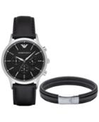 Emporio Armani Men's Chronograph Renato Black Leather Strap Watch And Bracelet Gift Set 43mm Ar8034