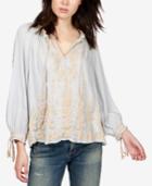 Lucky Brand Embroidered Tie-sleeve Peasant Top