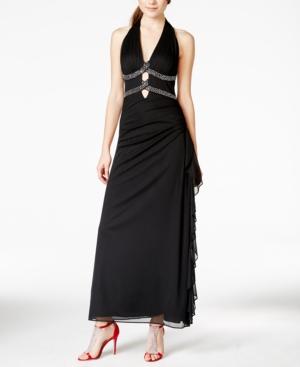 Blondie Nites Juniors' Embellished Side-ruffle Long Halter Dress