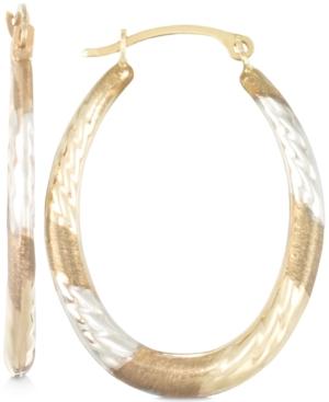 Tri-tone Textured Oval Hoop Earrings In 10k Yellow, White And Rose Gold