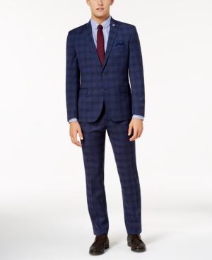 Nick Graham Men's Slim-fit Stretch Dark Blue Large Glen Plaid Suit