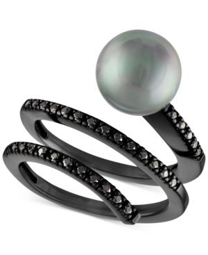 Majorica Black Stainless Steel Imitation Pearl Coil Ring