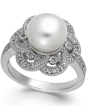 Cultured Freshwater Pearl (9mm) And Diamond (1/10 Ct. T.w.) Flower Ring In Sterling Silver
